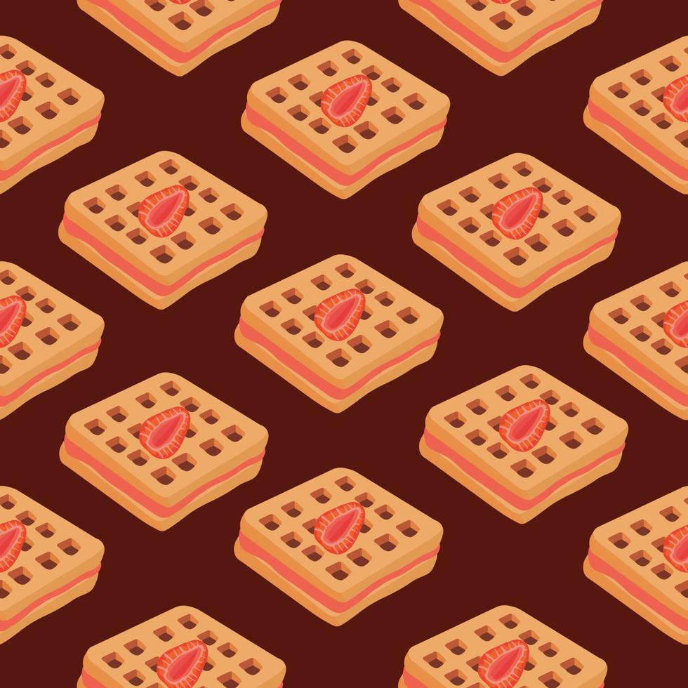 Seamless pattern. Waffles with strawberry filling. Vector illustration of waffles, pastries for breakfast, sweet snacks.