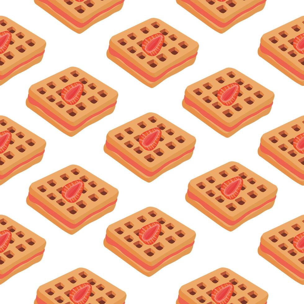 Seamless pattern. Waffles with strawberry filling. Vector illustration of waffles, pastries for breakfast, sweet snacks.