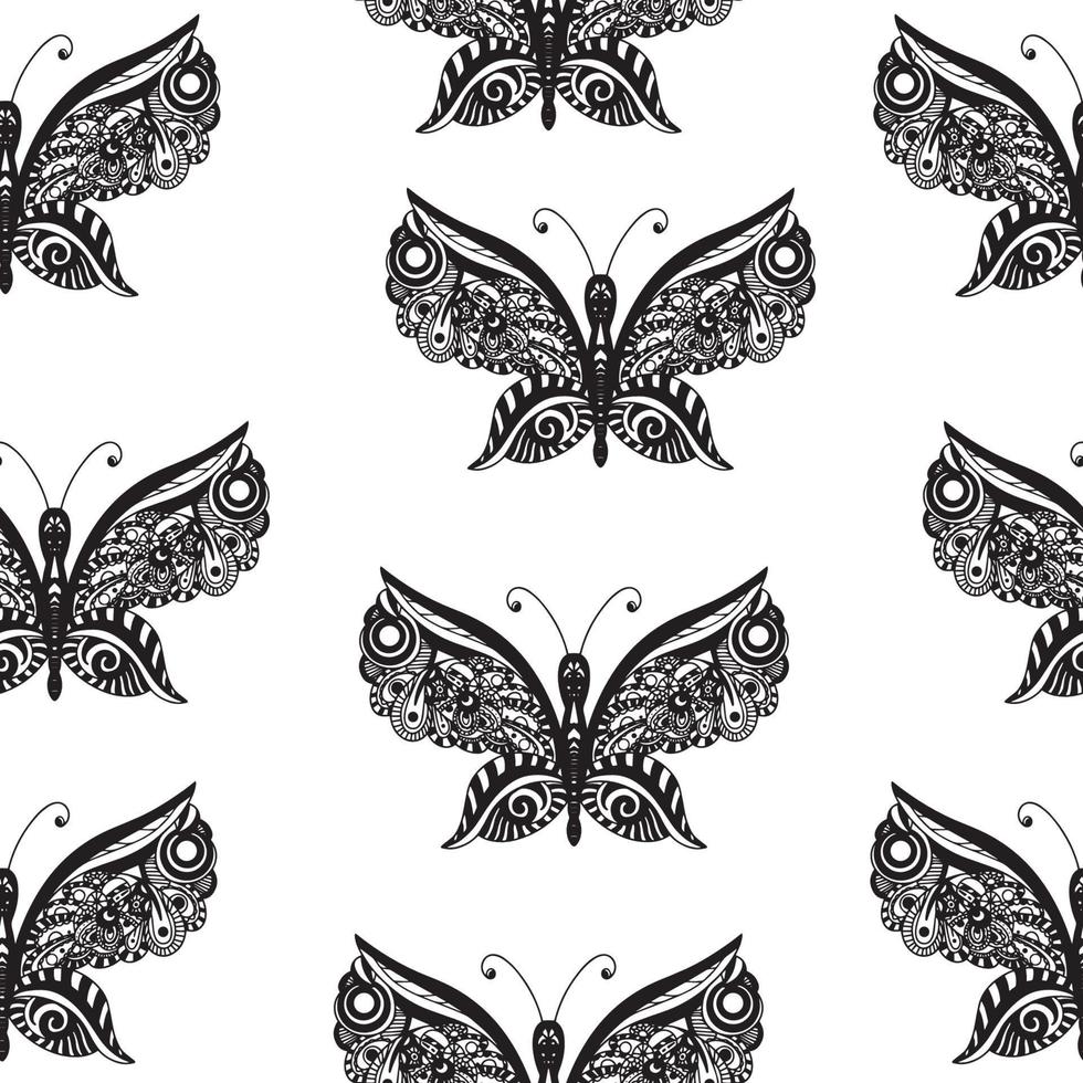 Seamless pattern of butterflies. Butterflies in the zentangle style. Vector illustration, white background.
