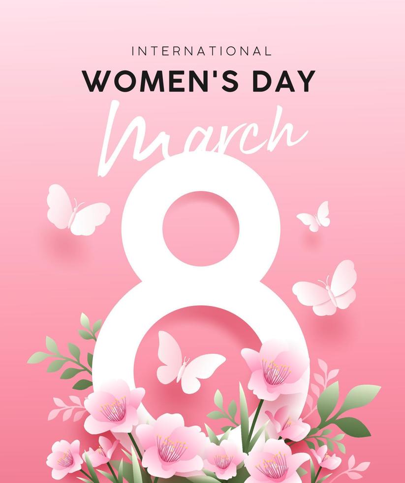 International happy women's day 8 march with flowers and butterfly poster design on pink background, EPS10 Vector illustration.