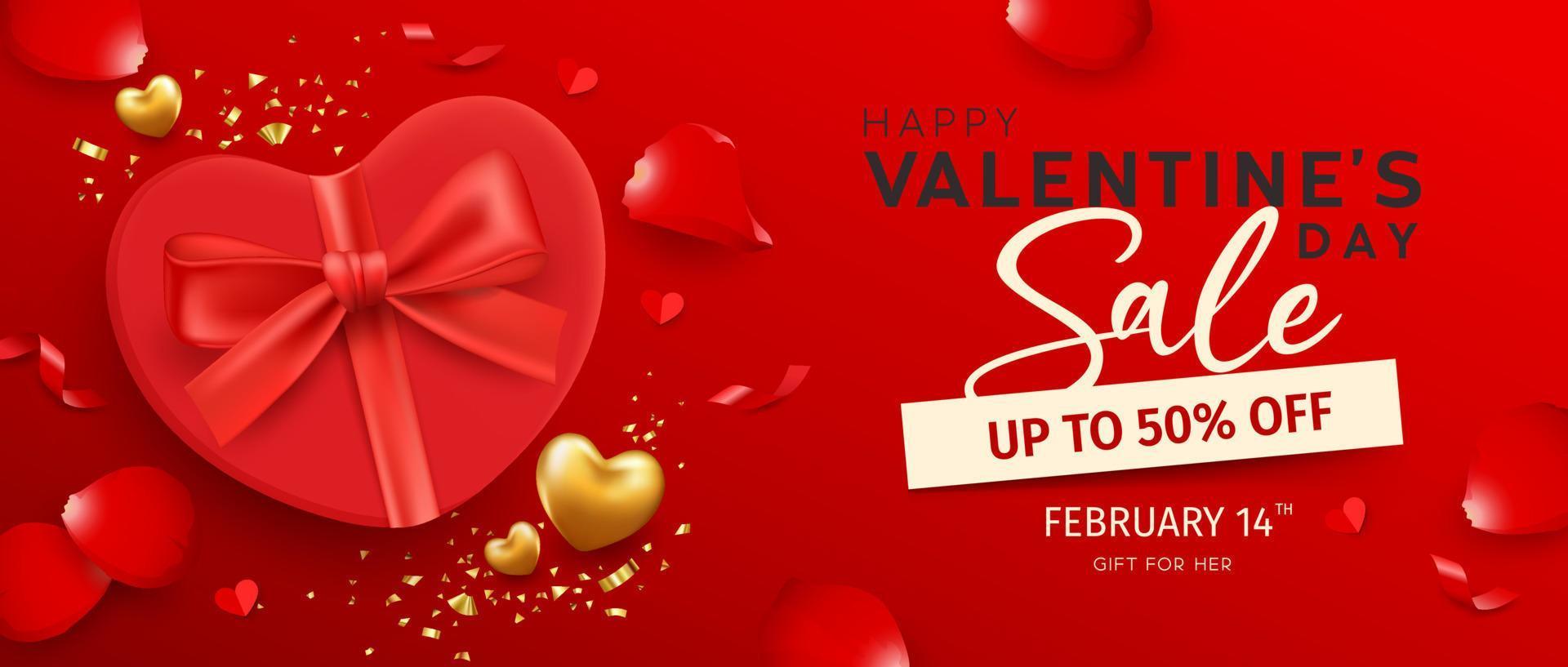Happy Valentine's day sale, gift box red heart with rose petals banner design on red background, EPS10 Vector illustration.