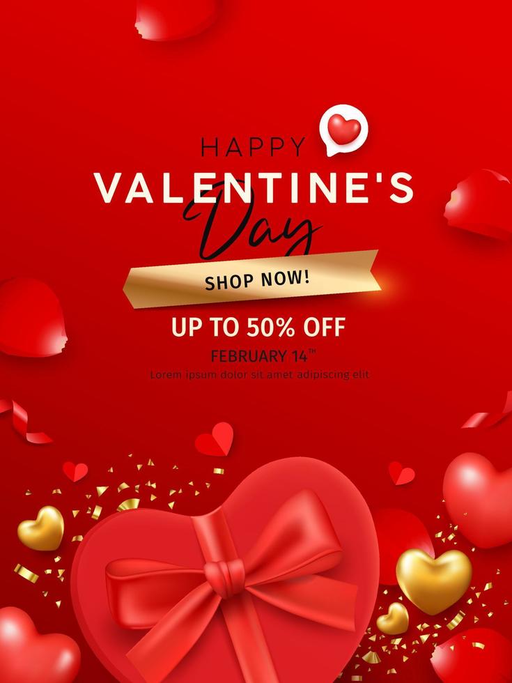 regalo caja rojo corazón, contento San Valentín día venta, con Rosa pétalos, póster diseño en rojo fondo, eps10 vector ilustración.