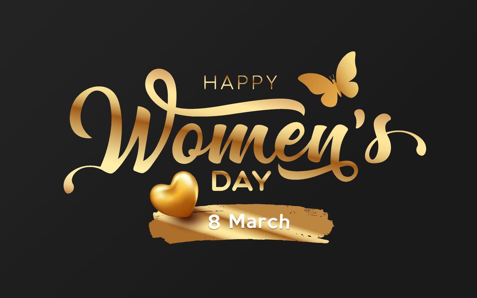 Happy Women's day message, butterfly and heart golden design on black background, EPS10 Vector illustration.