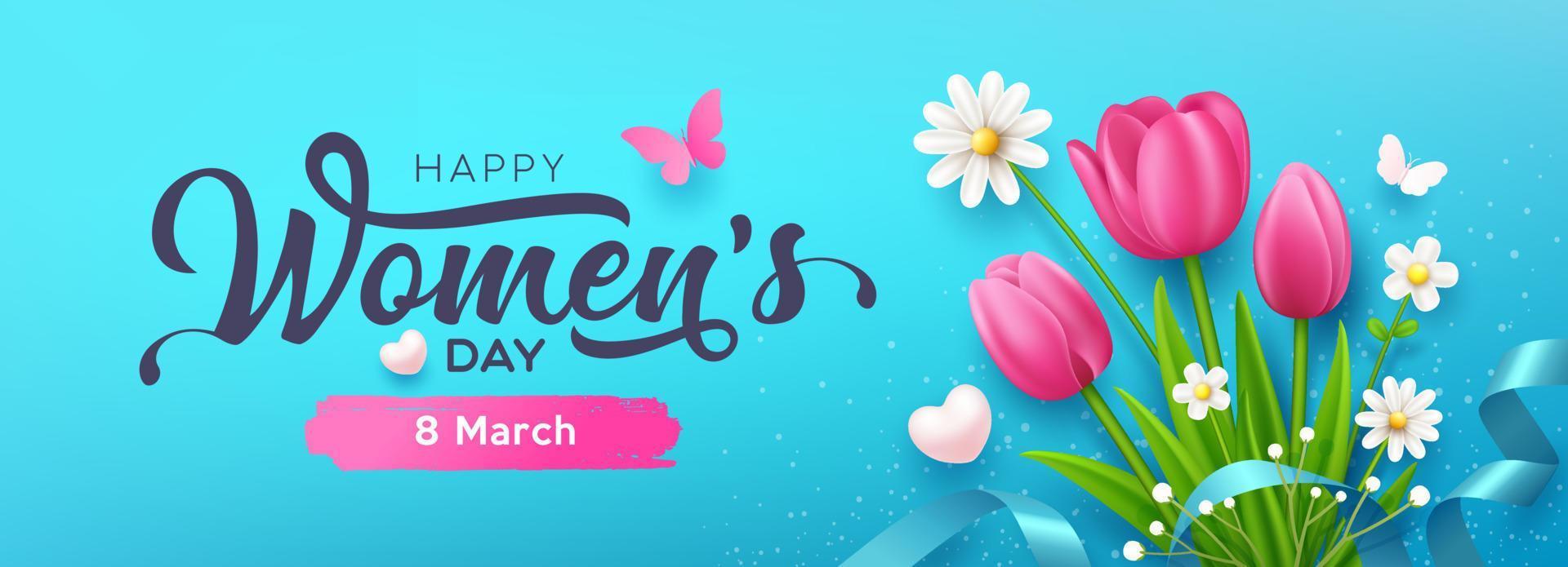 De las mujeres día mensaje, tulipán flores y mariposa con cintas bandera diseño en azul fondo, eps10 vector ilustración.
