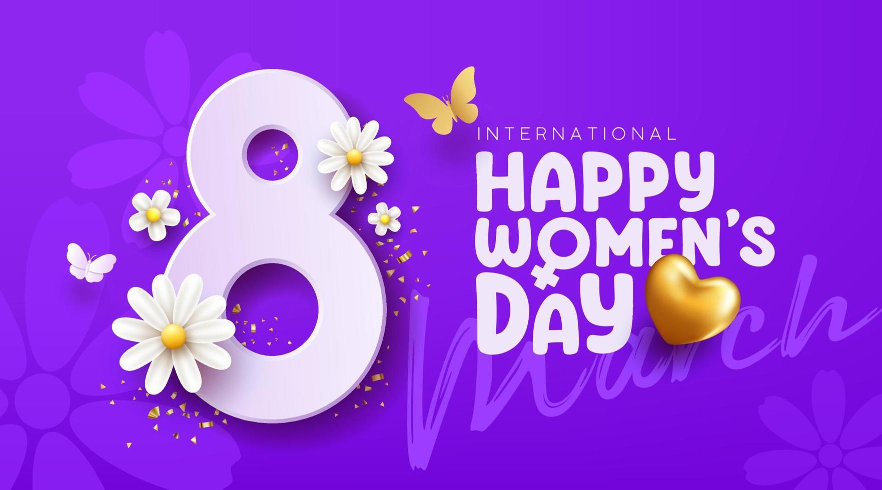 8 marzo contento De las mujeres día con blanco flores y mariposa, oro corazón, bandera concepto diseño en púrpura fondo, eps10 vector ilustración.