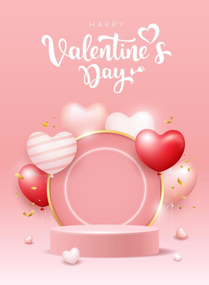 contento San Valentín día, rojo y rosado globos corazón en podio, póster rosado fondo, eps10 vector ilustración.