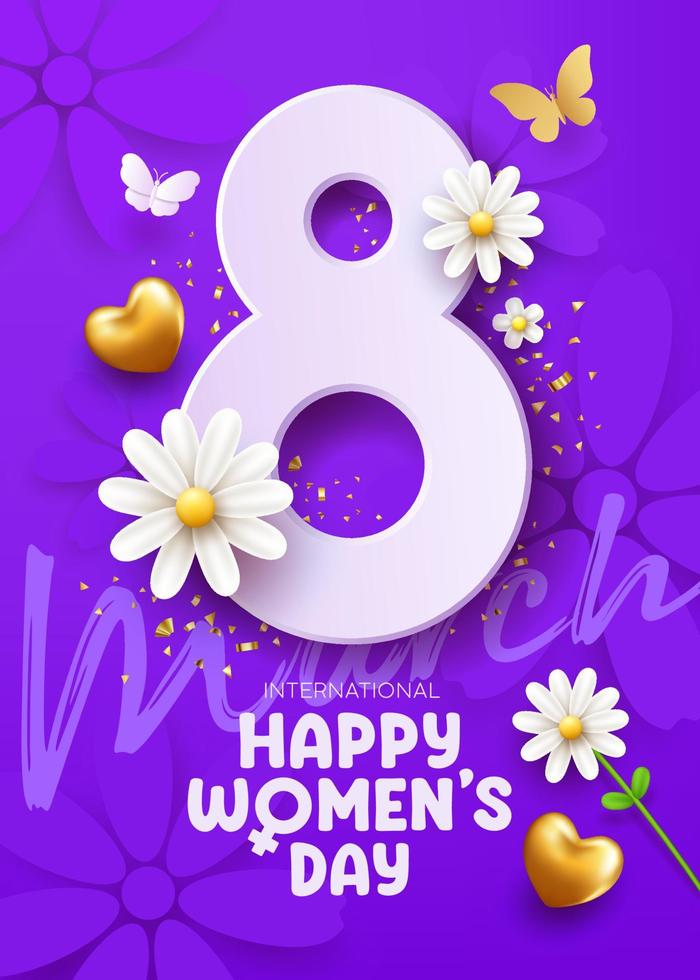 8 march happy women's day with white flowers and butterfly, gold heart, poster concept design on purple background, EPS10 Vector illustration.