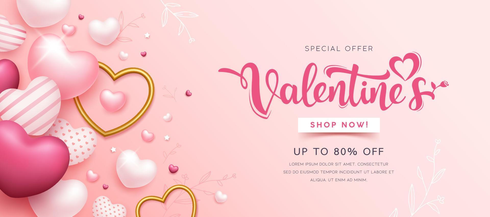 Happy Valentine's day sale, pink and gold heart design, banner pink background, EPS10 Vector illustration.