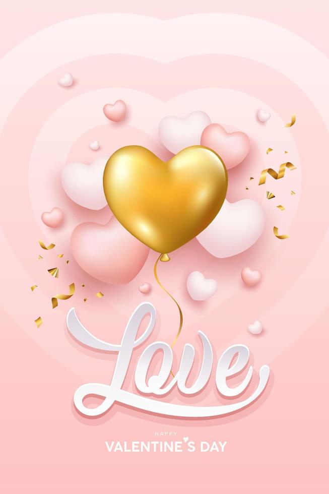 contento San Valentín día, oro globo corazón, amor mensaje diseño rosado y blanco globos corazón póster en rosado fondo, eps10 vector ilustración.