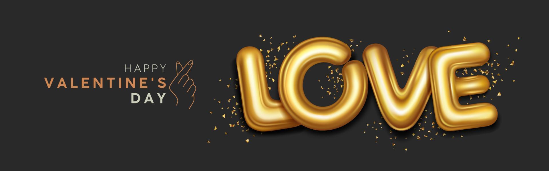 Happy Valentine's day, Love lettering gold shine convex material, with gold ribbbons banner design on black background, EPS10 Vector illustration.