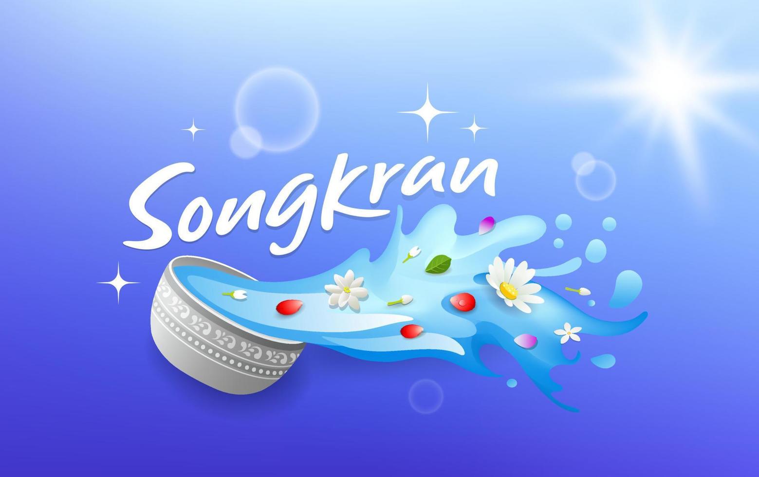 Songkran tailandia, tailandés flores en un agua cuenco agua salpicando, en azul fondo, eps 10 vector ilustración