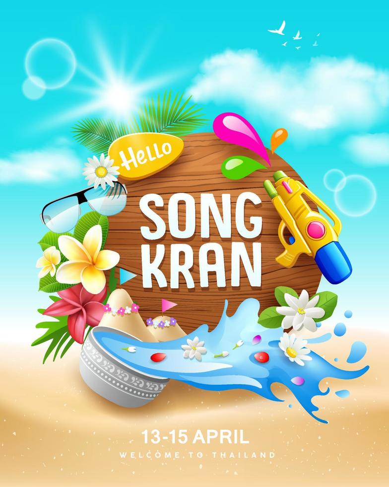 Songkran festival tailandia, en madera firmar esta flor verano, agua en cuenco agua chapoteo, póster diseño en arena nube y cielo fondo, eps 10 vector ilustración