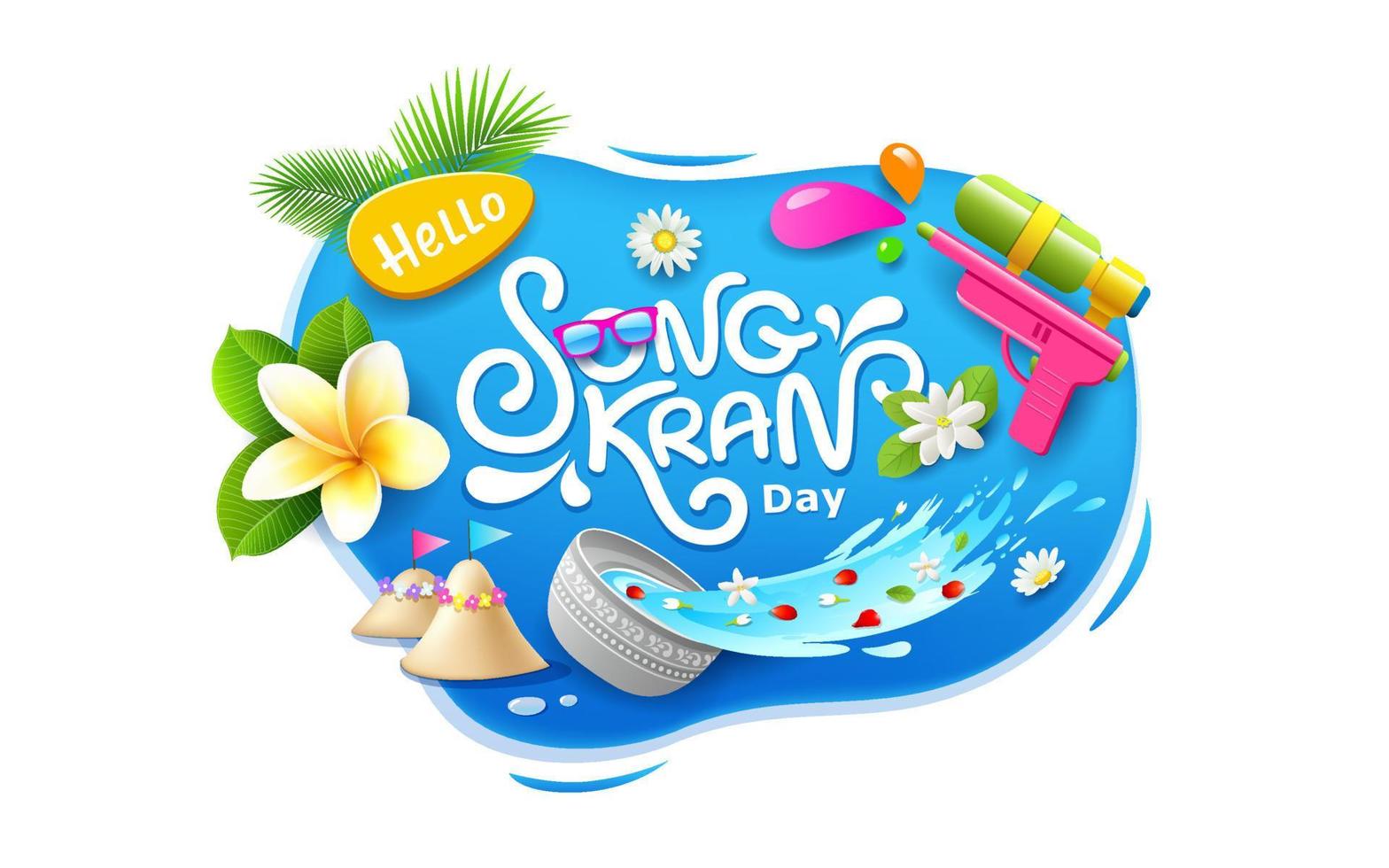 Songkran day, water in bowl water splash, water gun this thailand flower summer, design on blue background, EPS 10 vector illustration