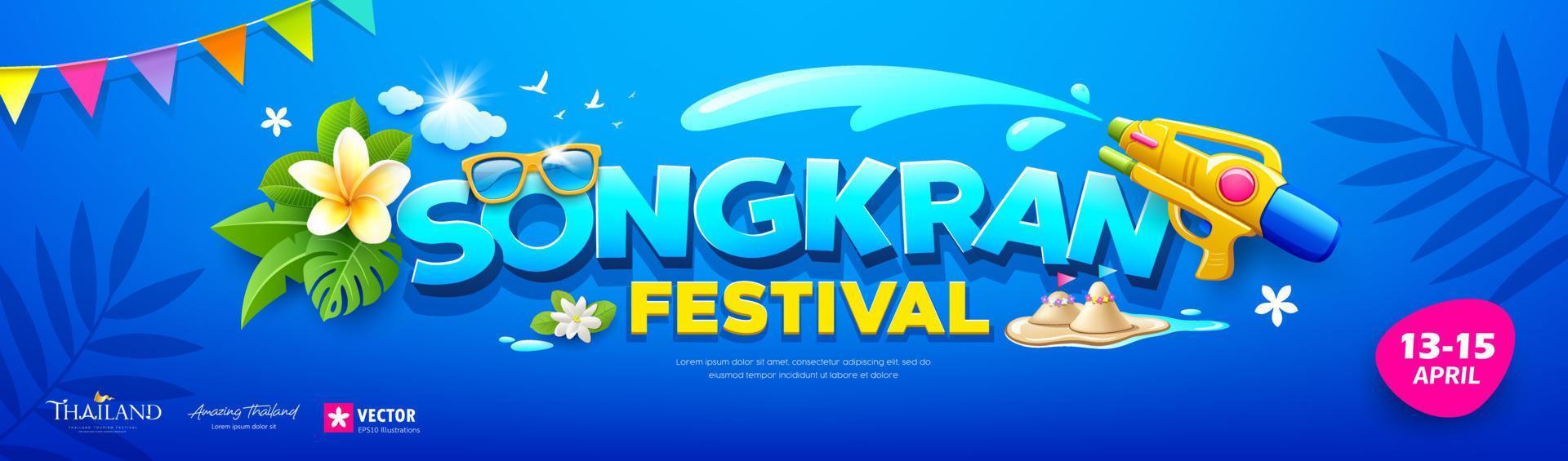 Songkran festival message, fun water gun and thailand flowers design banners design on blue background, Eps 10 vector illustration