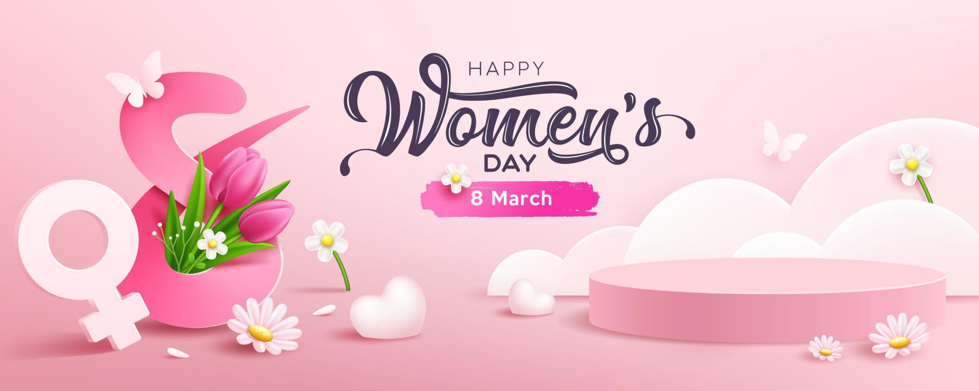 Women's day 8 march, presentation podium and heart, white flowers, butterfly, concept design banner, pink background, EPS10 Vector illustration.