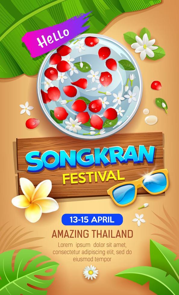 Songkran water festival thailand, rose petals in water bowl with banana leaf, poster flyer design on sand brown background, EPS 10, vector illustration