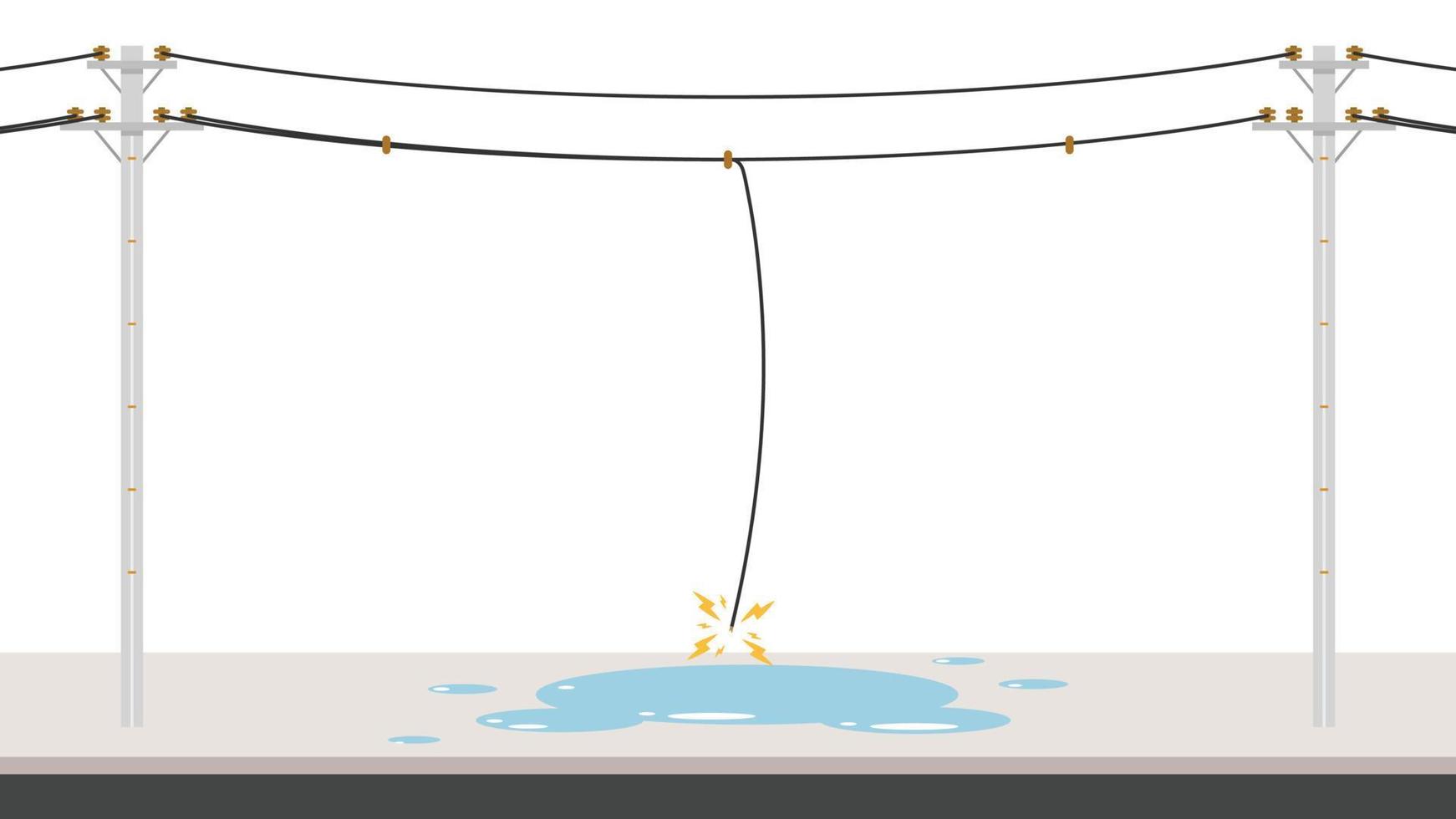 Electric leakage. Electric wire of high voltage pole is damaged and short circuit in water with rain flat icon vector. vector