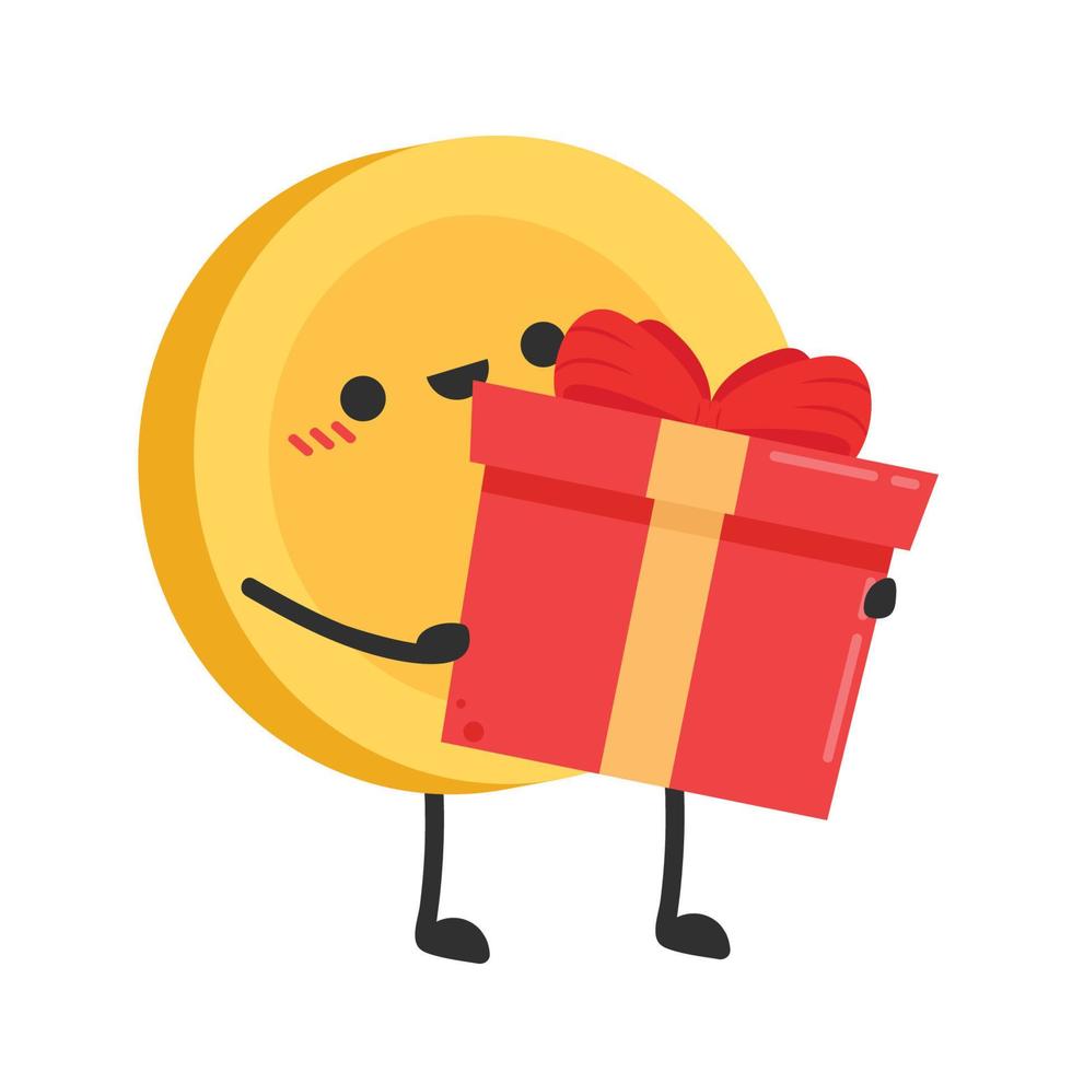 Cute gold coin character. Coin cartoon characters isolated on white background. Gift box vector. vector