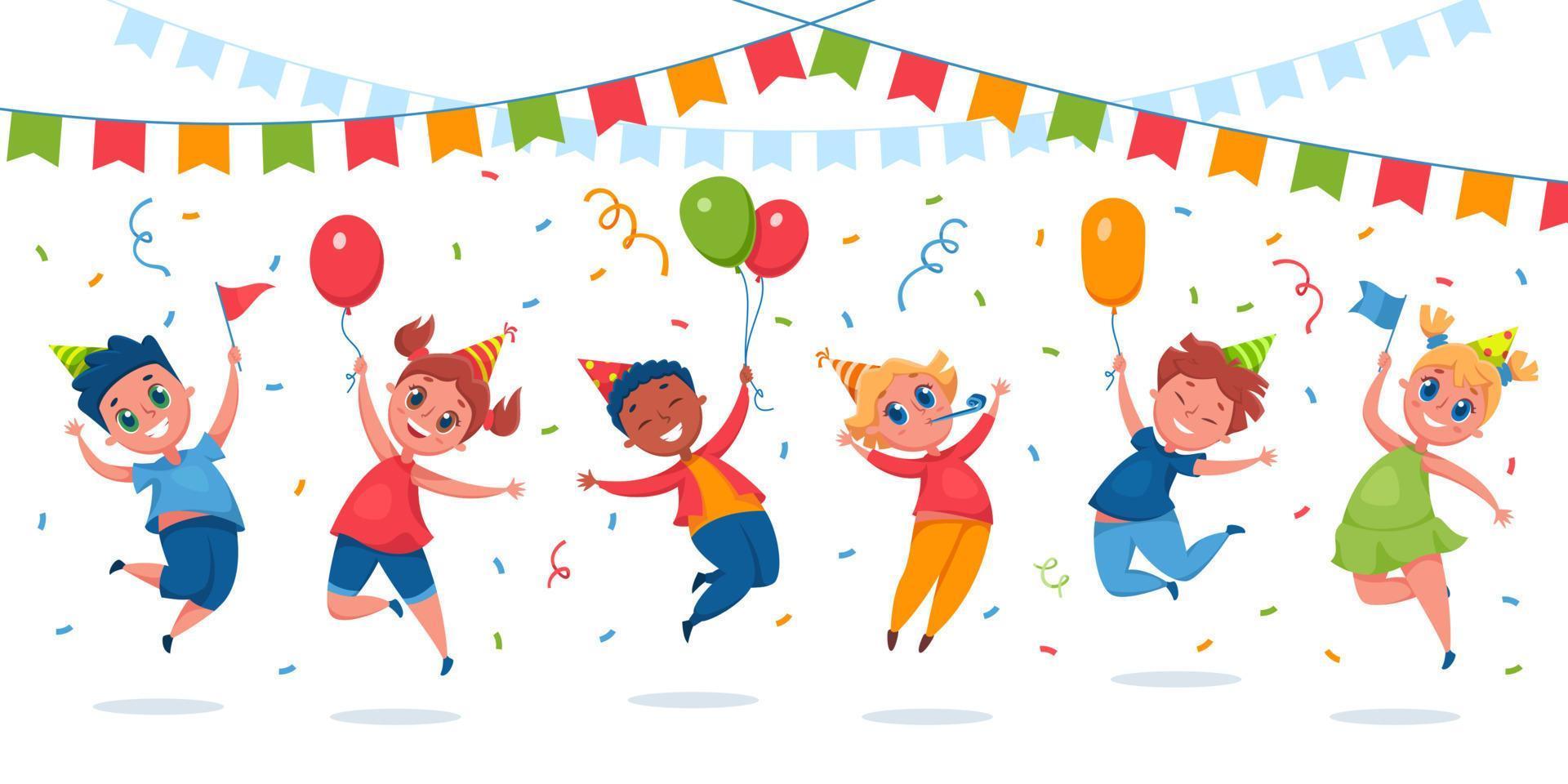 Kids party. Happy children jumping with balloons, confetti, flags. Girls and boys in party hats have fun celebrating birthday vector cartoon illustration