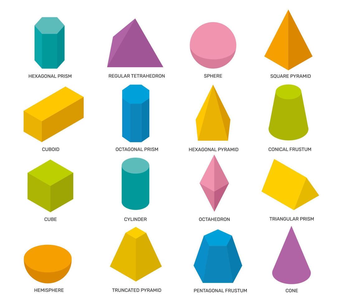 Realistic 3D color basic shapes. Solid colored geometric forms