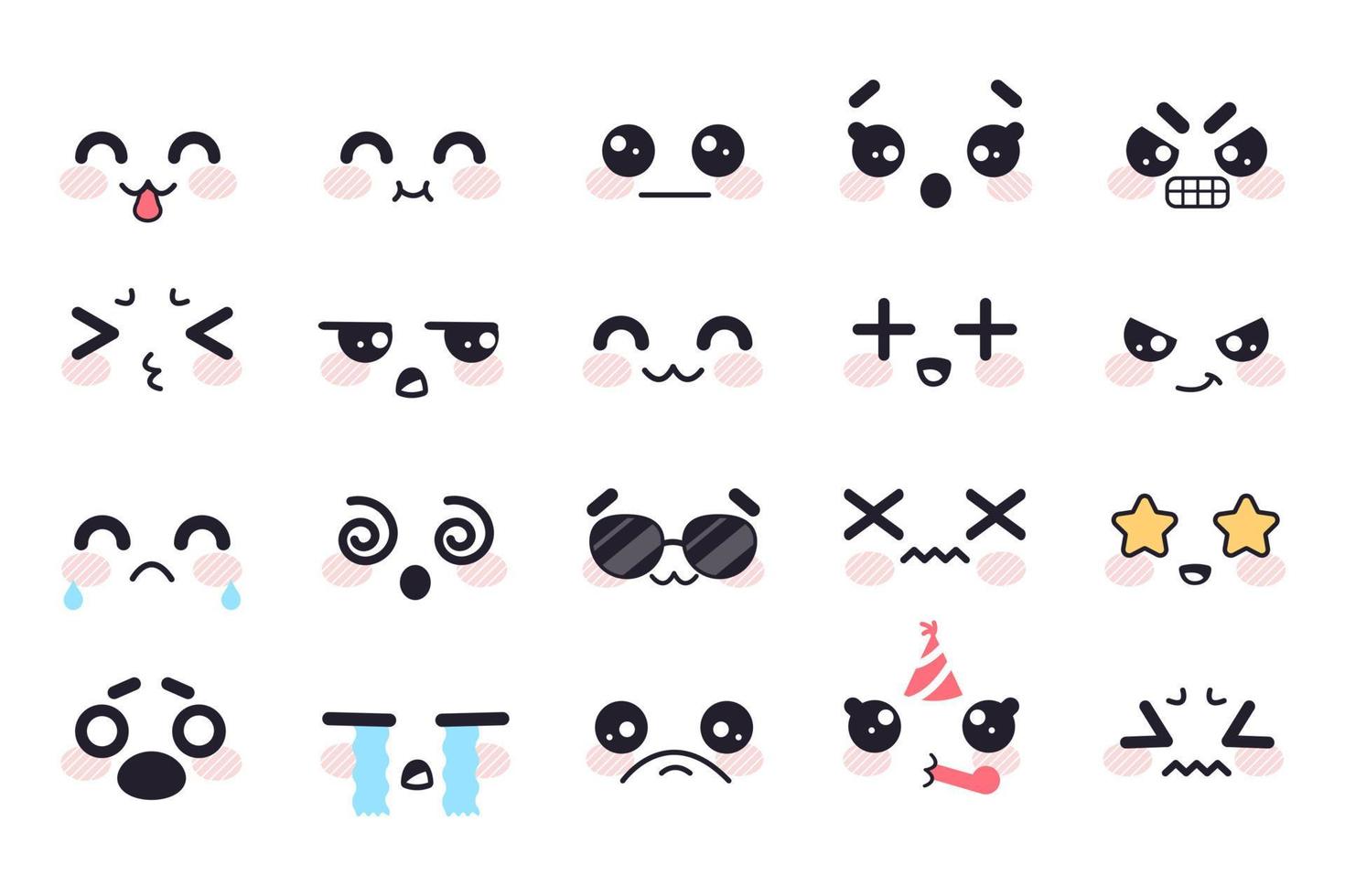 Kawaii cute faces. Japanese manga emotions fear, crying and anger, apathy and death, joy and surprise anime doodle isolated vector set