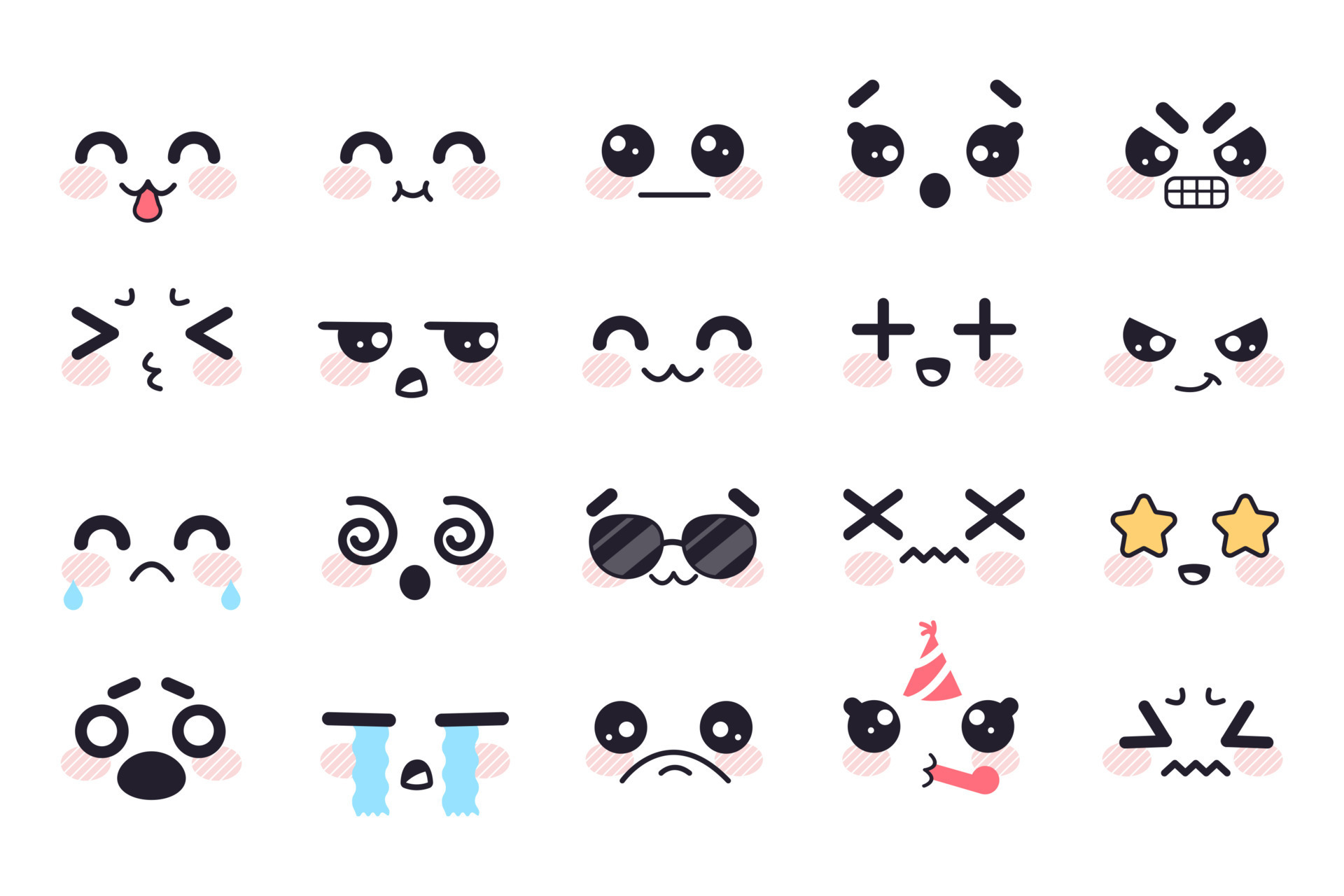 Premium Vector  Kawaii cute smile emoticons and japanese anime emoji faces  expressions vector cartoon style comic sketch icons set