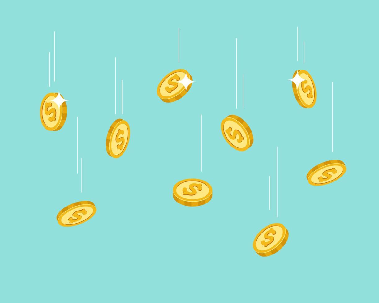 Falling coins. Flying golden dollar, cash confetti or money rain. Banking, investment and financial, casino gambling vector concept