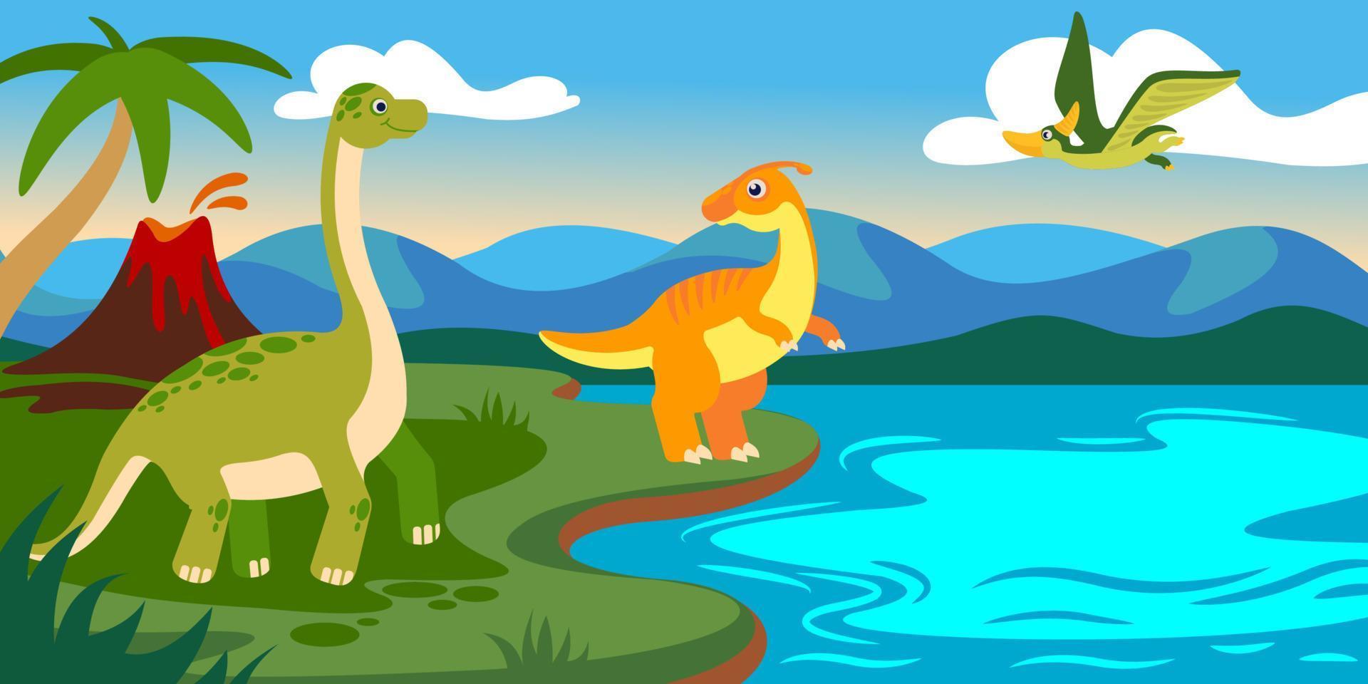 Cute dinosaurs with landscape. Cartoon dino prehistoric scene with lake, volcano, mountain and palm tree. Jurassic animals vector background