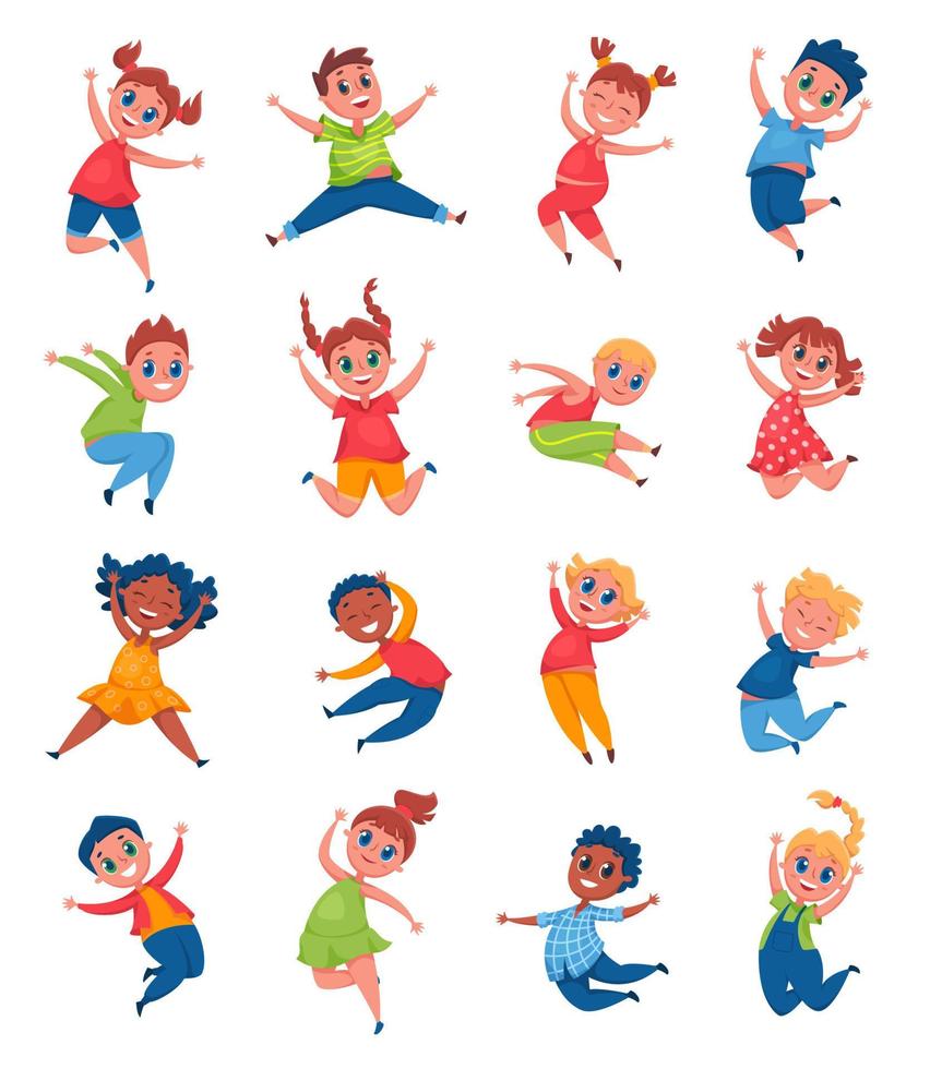 Happy kids jumping and laughing. Cheerful school girls and boys having fun, smiling. Joyful pre teen children jump cartoon vector set