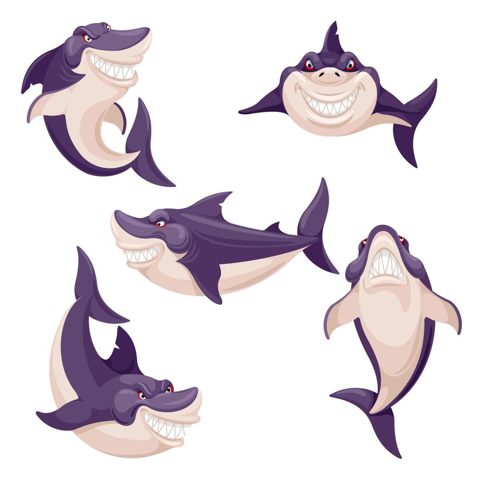 Cute shark. Dangerous fish, ocean creature predator. Swimming smiling sharks mascot. Isolated vector characters