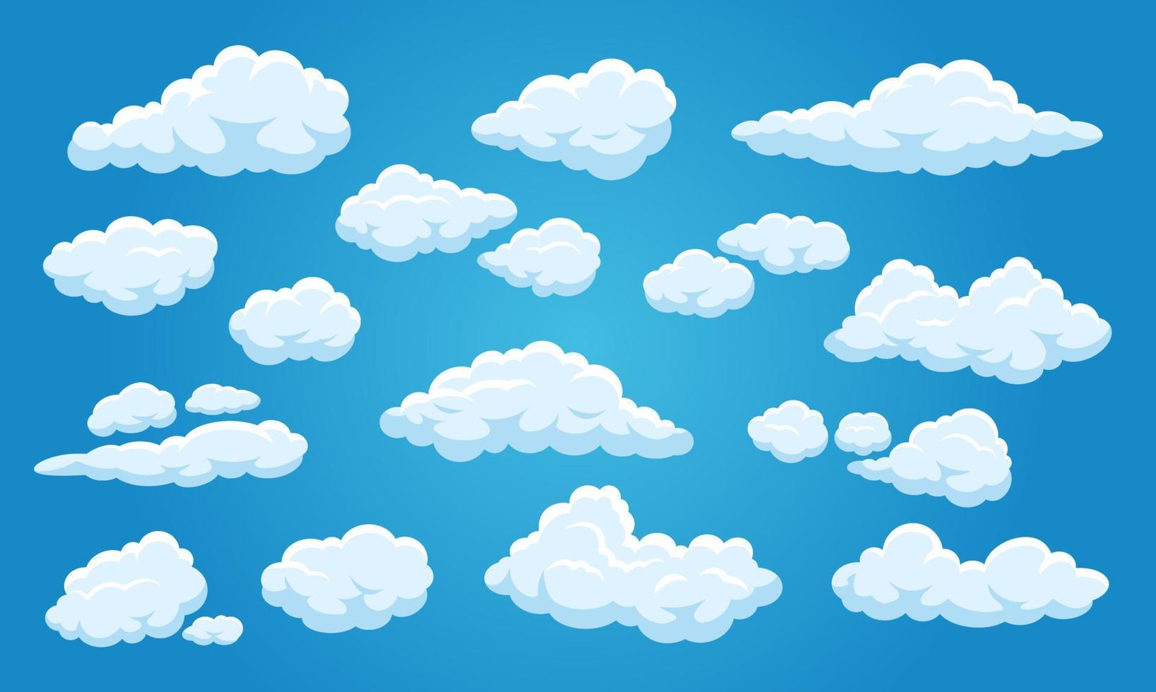 White cartoon clouds. Cute cloudy blue sky 2d game comic elements, heaven summer weather background isolated vector set
