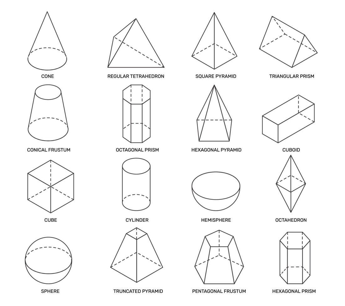 línea isométrica formas sencillo geométrico formas para colegio aprendizaje y logo diseño. cilindro, prisma y pirámide, cono y esfera 3d vector matemáticas conjunto