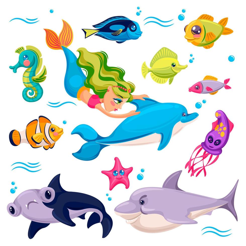 Sea animals. Ocean creatures fish, shark and starfish, dolphin with mermaid, cuttlefish and seahorse cartoon underwater world characters vector