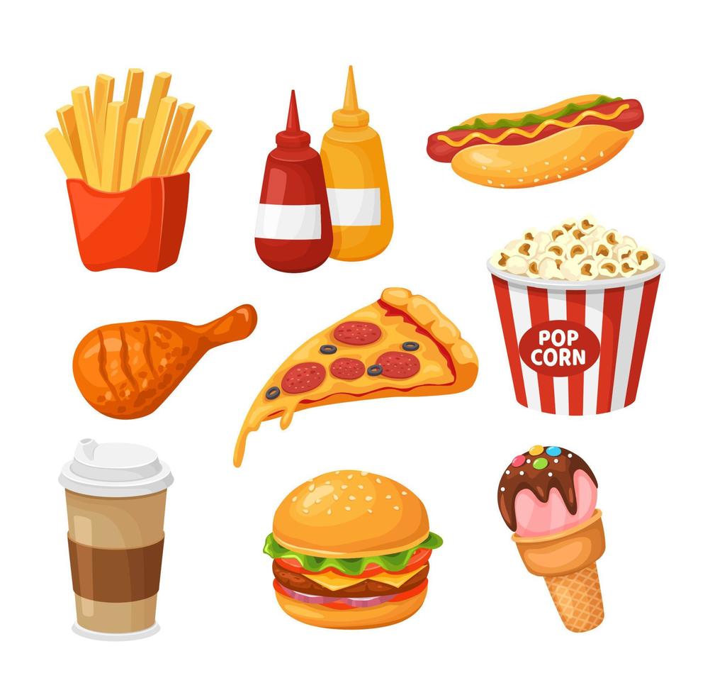 Fast food. Cartoon french fries, ketchup and hot dog, chicken and pizza, coffee and burger, popcorn and ice cream. Takeaway junk food vector set