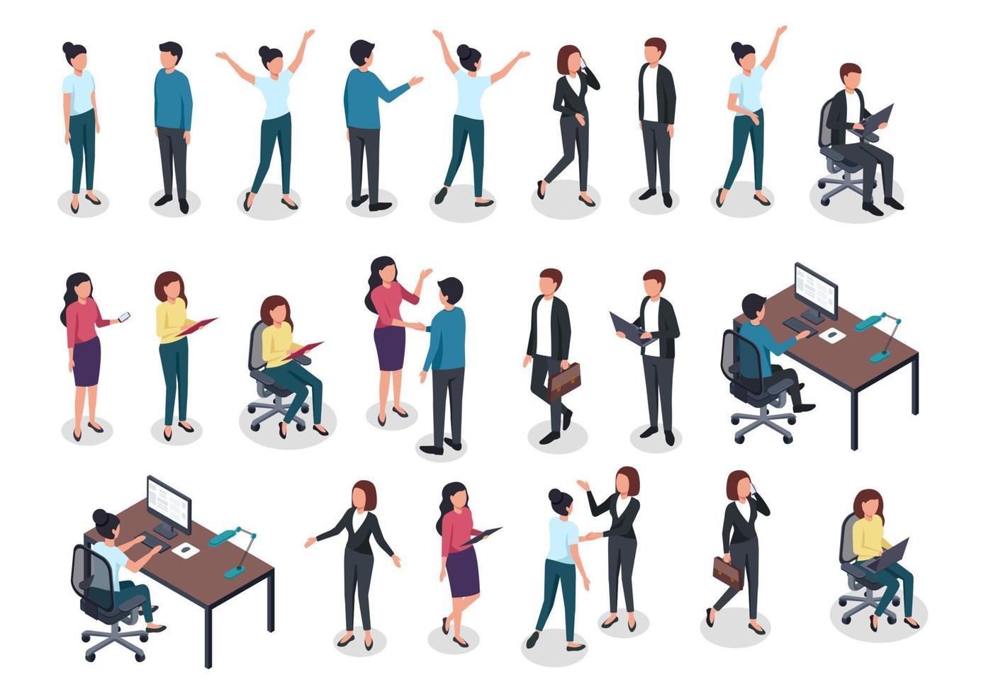 Isometric people. Men and women in business and casual clothes, office worker various postures in workspace. 3d isolated vector characters