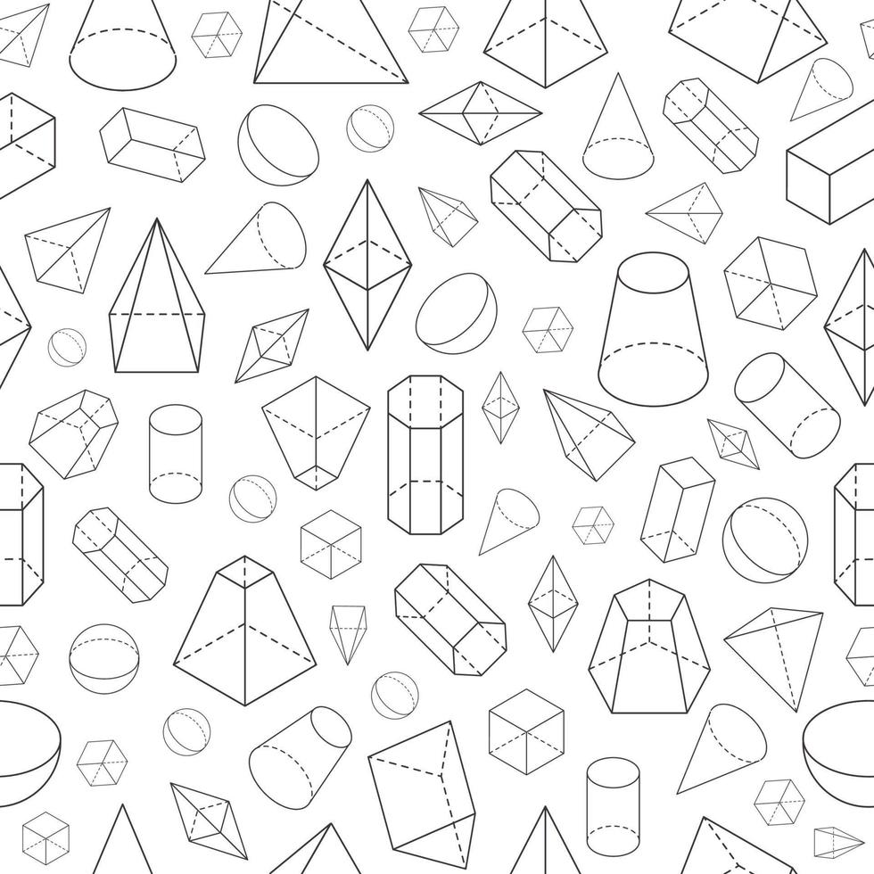 isométrica 3d formas sin costura modelo. geométrico matemáticas estructura metálica objetos. pirámide, prisma y esfera, cono y cubo. vector colegio textura
