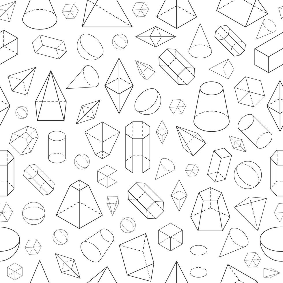 Isometric 3d shapes seamless pattern. Geometric math wireframe objects. Pyramid, prism and sphere, cone and cube. Vector school texture