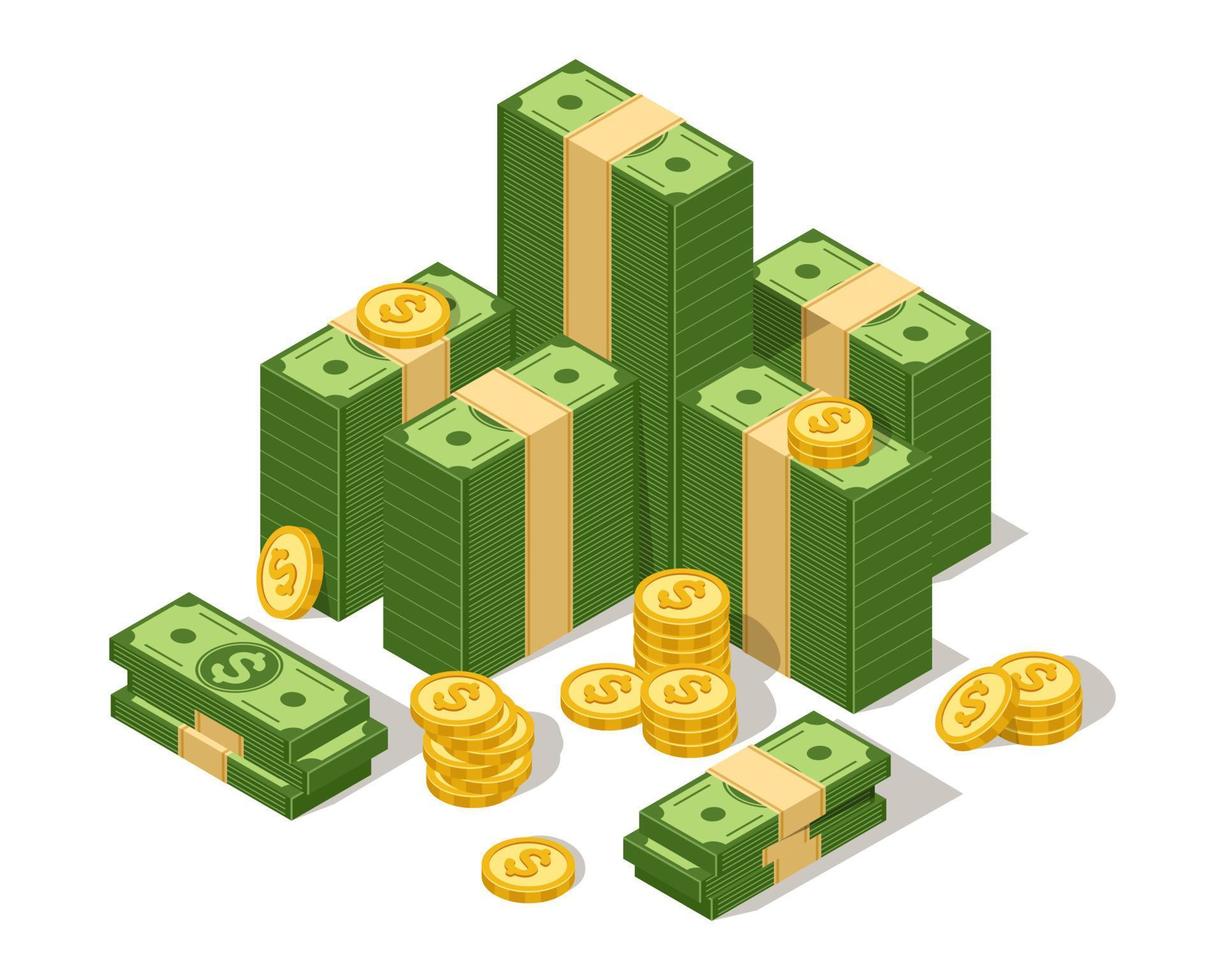 Big dollars stack. Money cash pile and coins, american green bucks stack. Usd currency. Wealth, lottery and economy isometric vector concept