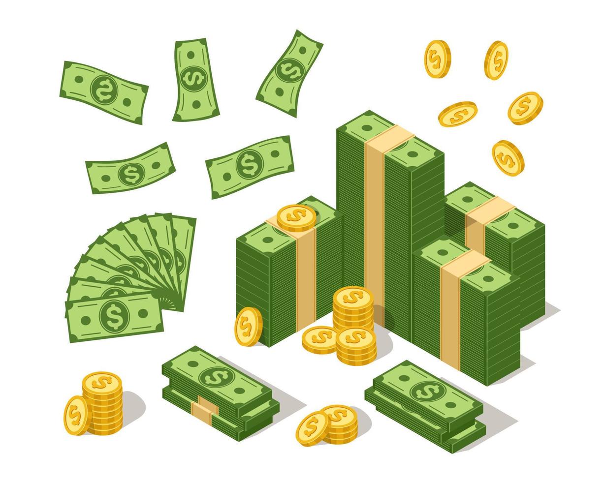isométrica billetes y monedas nosotros moneda dolares y dorado moneda, dibujos animados efectivo con americano dólares símbolo. inversión y bancario vector conjunto