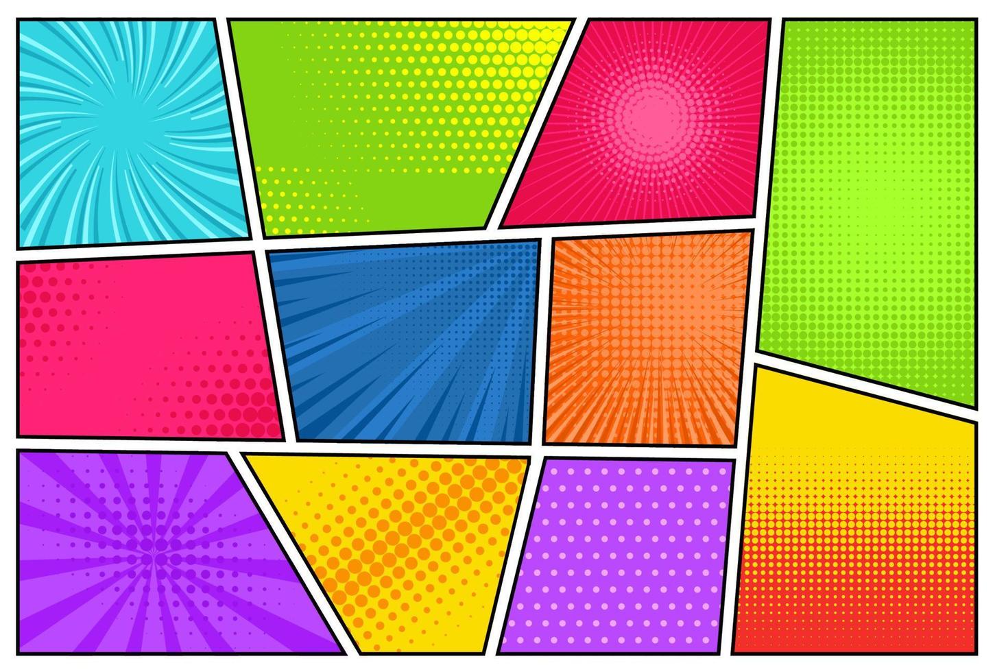 Comic backgrounds. Manga, pop art backdrops in frames. Superhero explosion texture with halftone effect. Vintage vector templates set