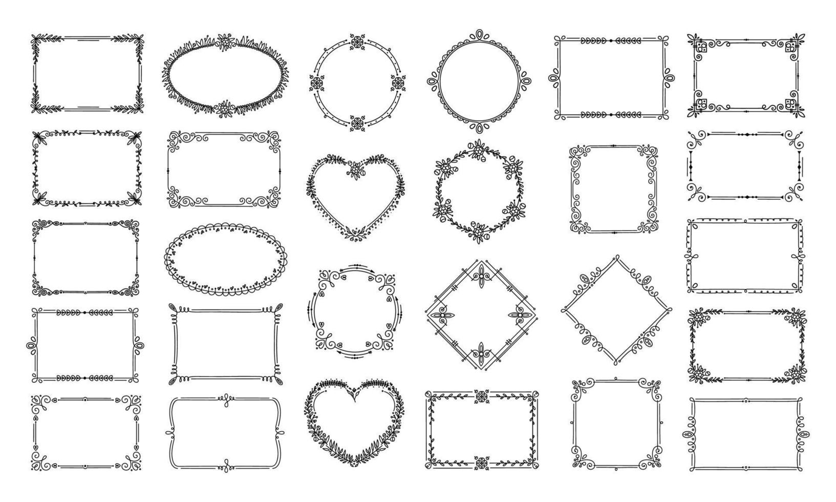 Decorative frames. Elegant floral heart, circle ornaments. Calligraphic ornate certificate, book decoration. Hand drawn vintage border vector set