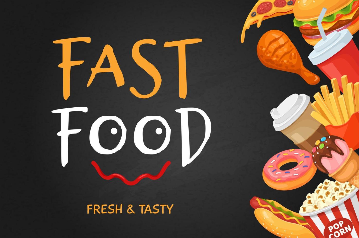 Fast food banner. Cartoon hot dog, popcorn and donut, coffee and pizza, chicken, cola and ice cream, burger. Fast food restaurant vector flyer