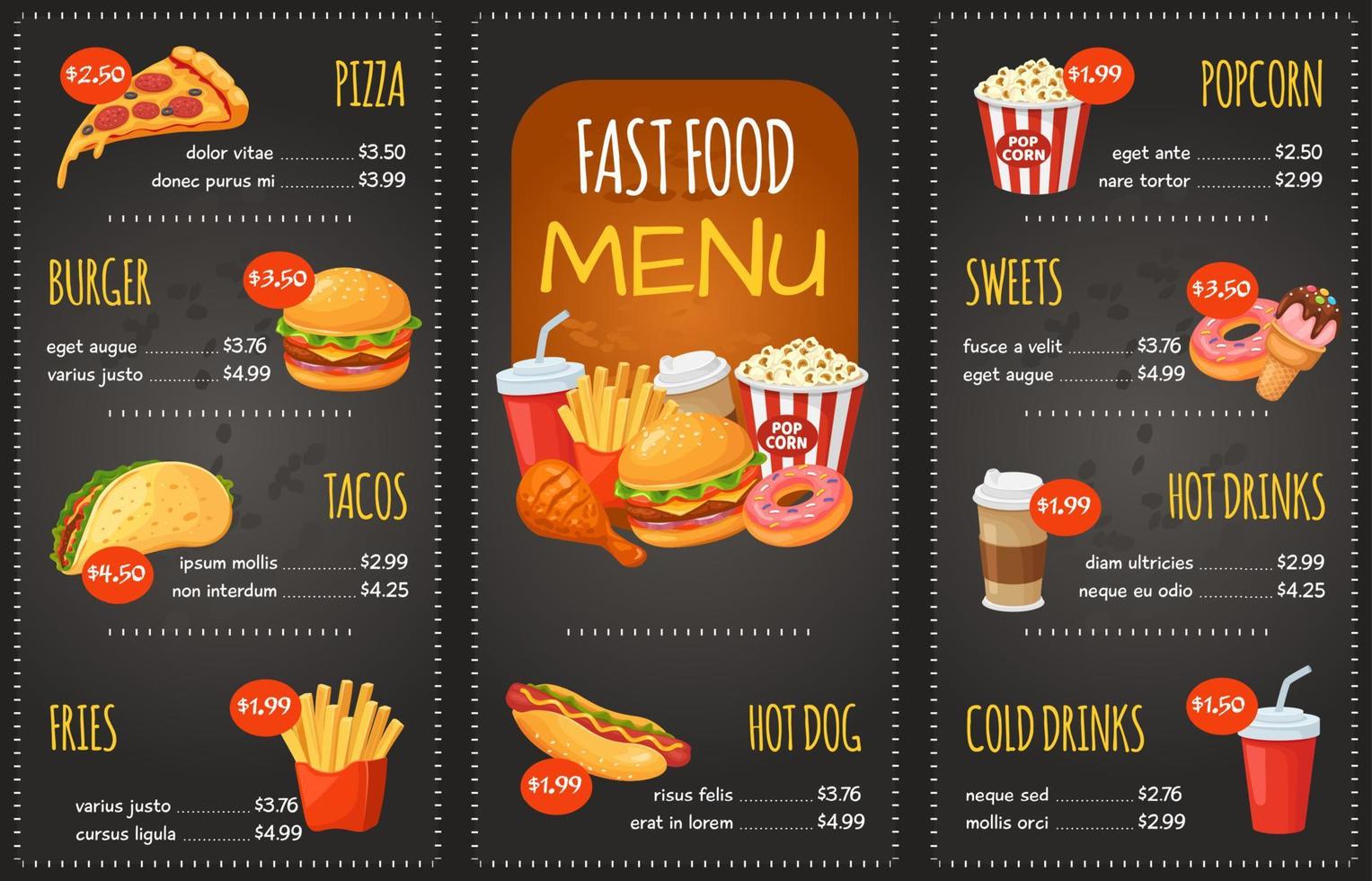 Fast food menu. Pizza, burger and tacos, fries. Hot dog, sweets and popcorn, cola. Snack restaurant menu with pricing vector template