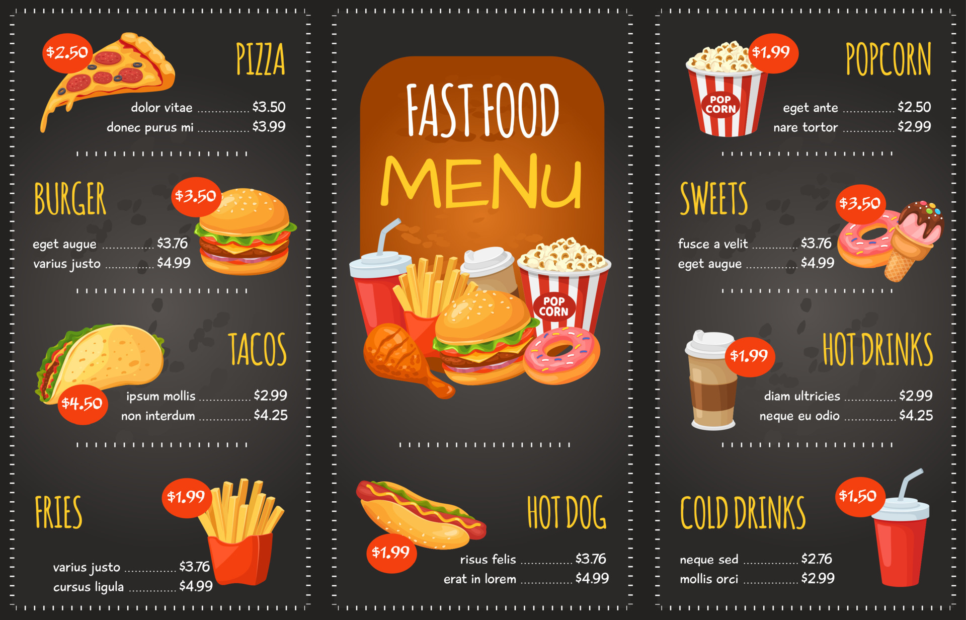 Fast food menu. Pizza, burger and tacos, fries. Hot dog, sweets and