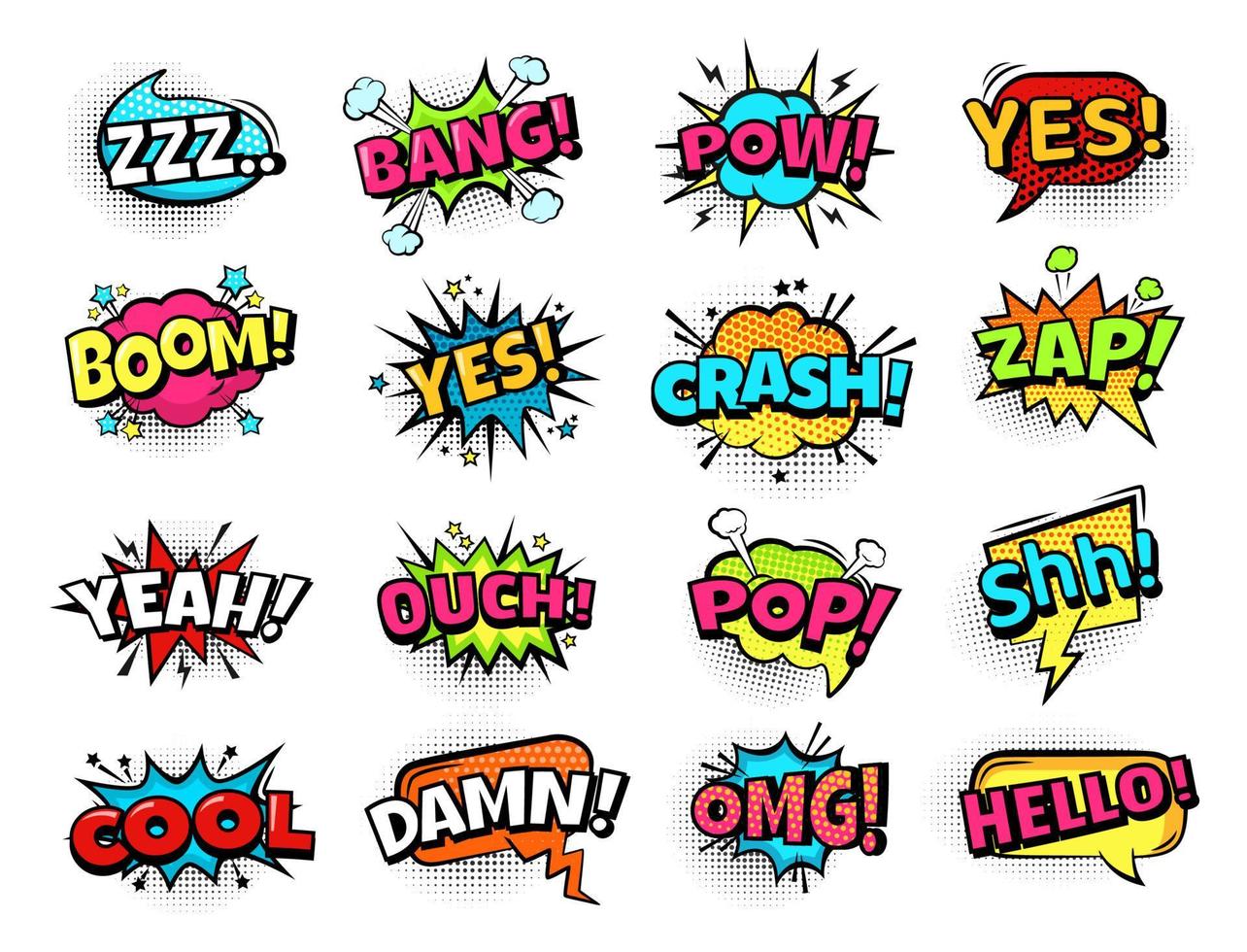 Comic speech bubbles. Cartoon expressions zam, boom and crash, cool and omg, lol. Retro comics text bubble with halftone vector set