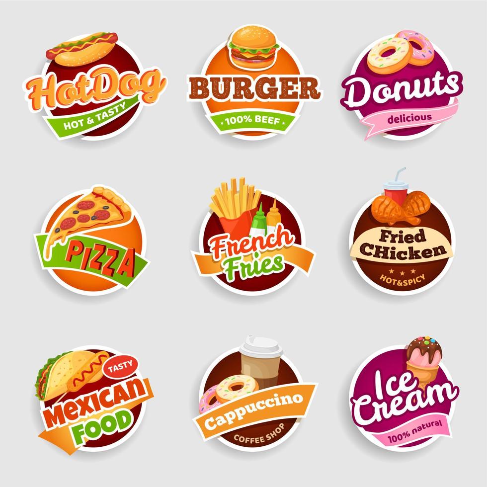 Fast food labels. Fries, burger and pizza, chicken and mexican food, donuts and ice cream, hot dog and coffee shop Vector isolated stickers