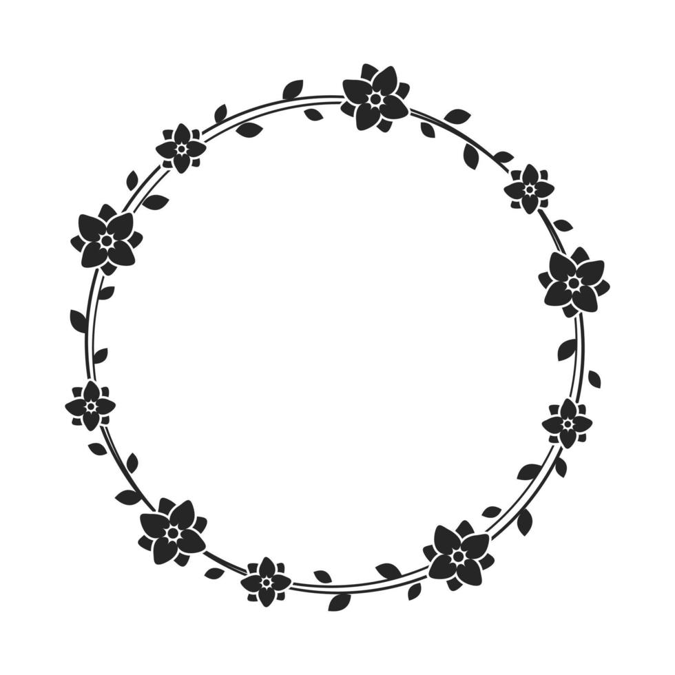 Floral wreath frame template. Round border with vine and hand drawn flower pattern. Vector round border with space for text.