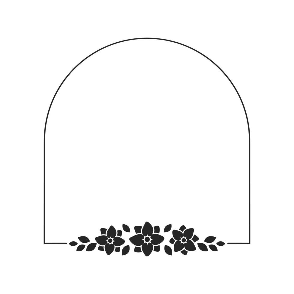 Floral arch frame template. Geometric border with vine and hand drawn flower pattern. Vector rounded border with space for text.