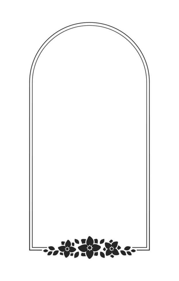 Floral arch vertical frame template. Geometric border with vine and hand drawn flower pattern. Vector rounded border with space for text.
