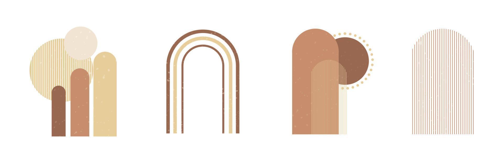 Set of boho style geometric, minimalistic design elements. Abstract shapes with texture. Modern aesthetic figures. Neutral wall decor, cover, print, card, branding designs. vector